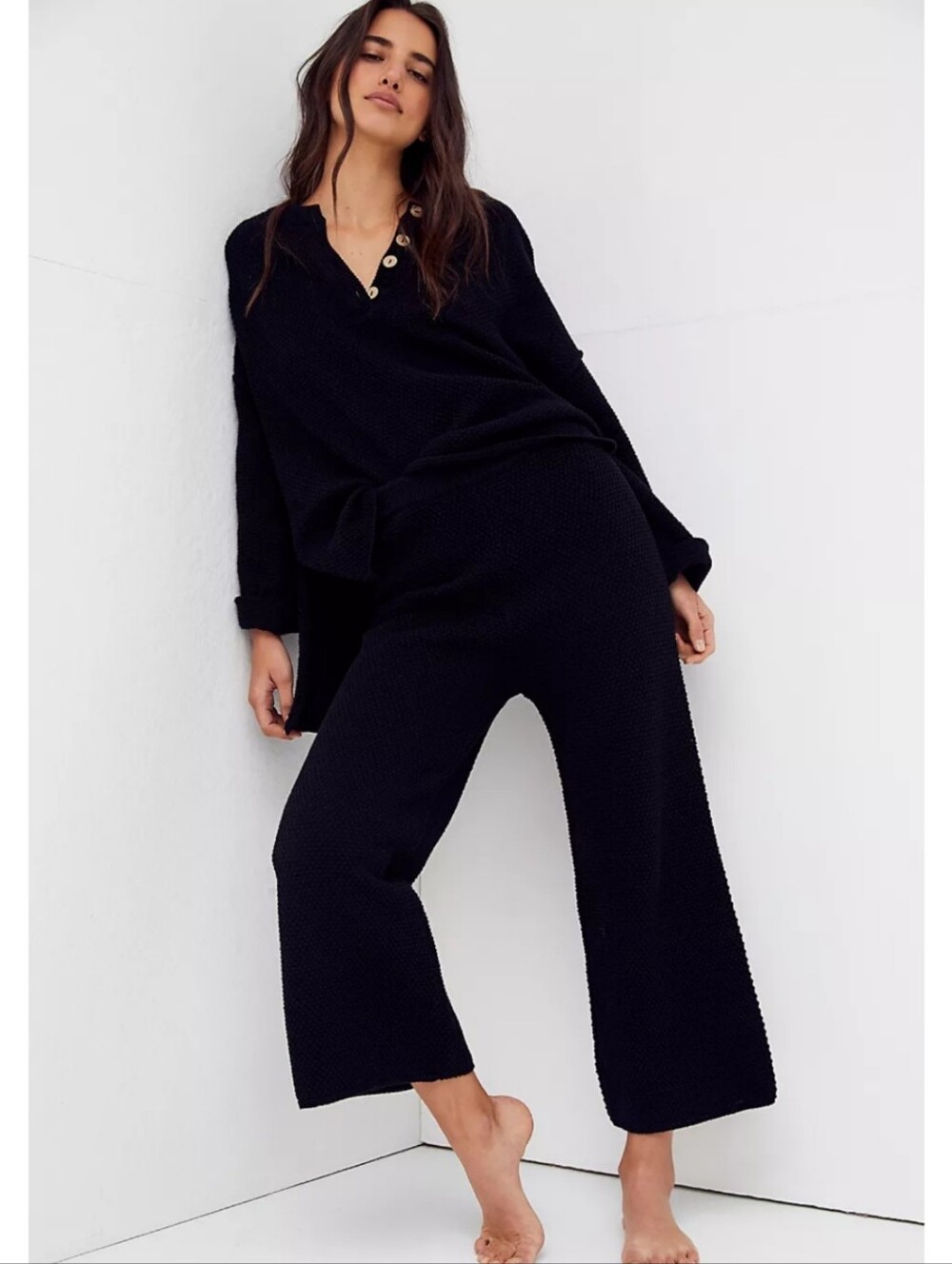 Free People Beach Hailee Sweater Two Piece Set Top Crop Wide Leg Pant Black XS